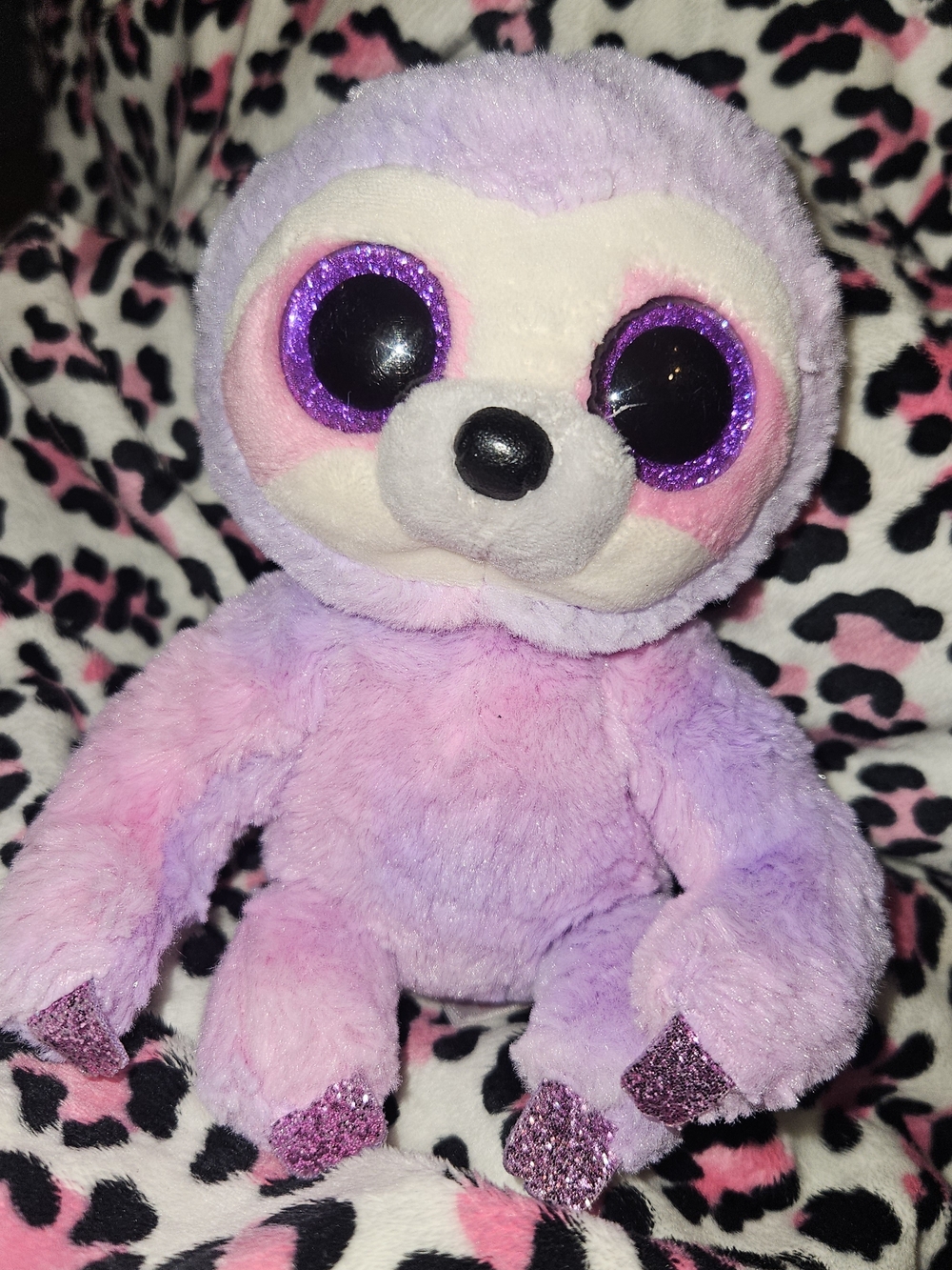 Ty Plush Sloth Stuffed Animal in Purple and Pink with Sparkly Eyes